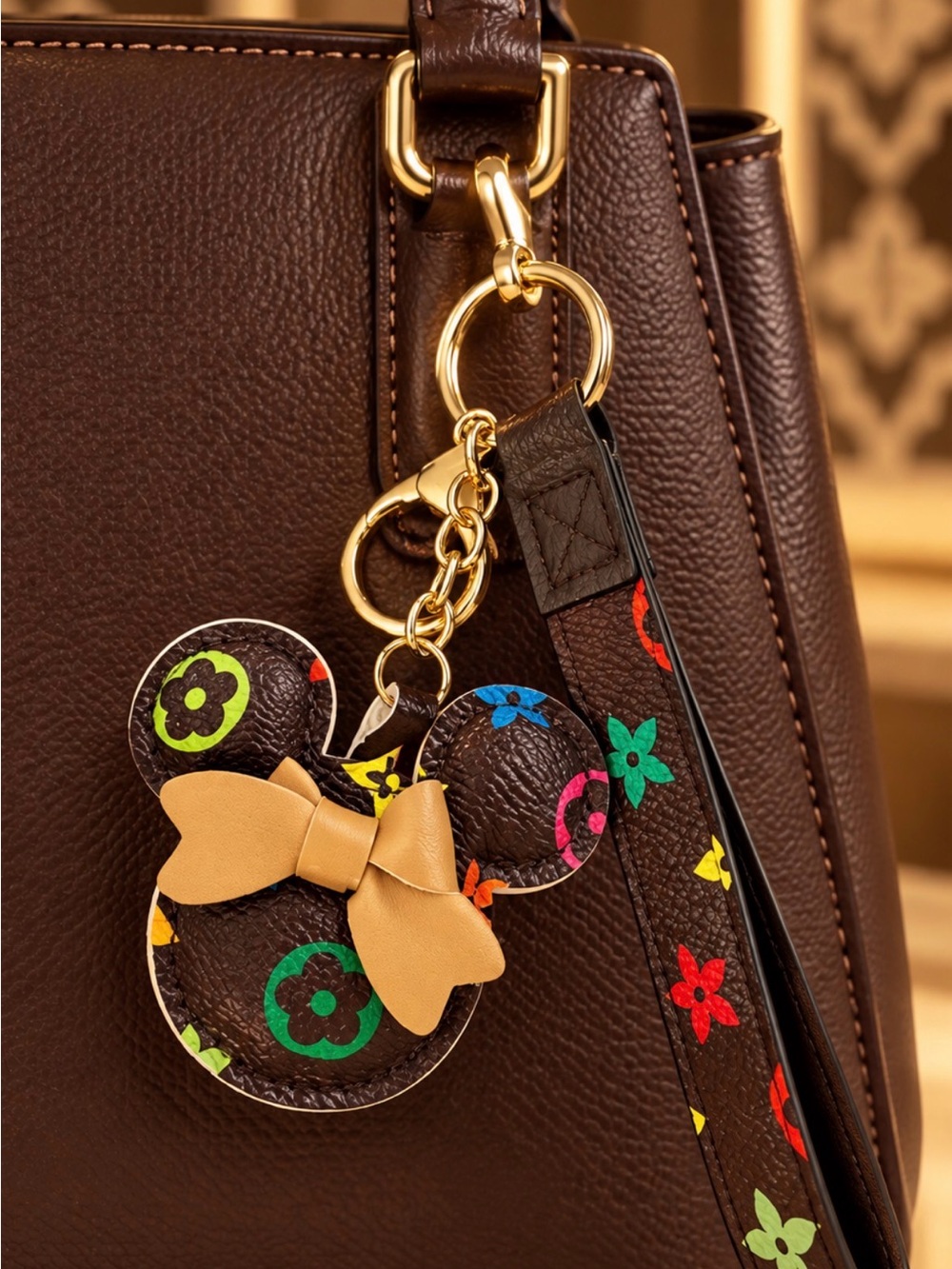 Leather Minnie Mouse-Inspired Keychain Charm with Tan Bow